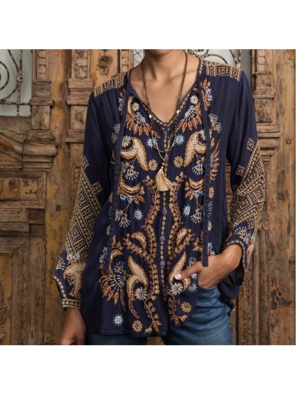 Johnny Was Navy Blue Minerva Embroidered Top Blouse Tunic Women's Boho-small